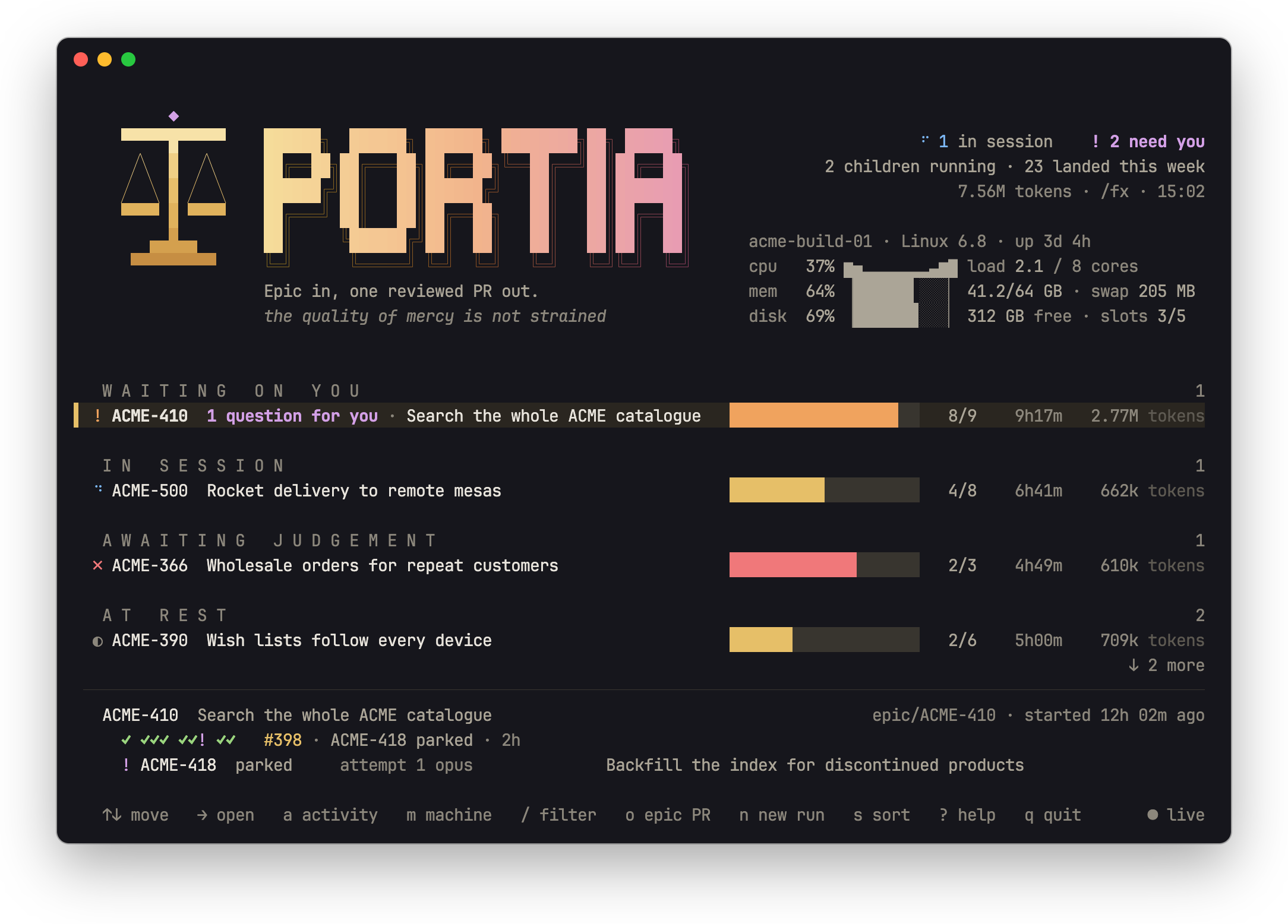 portia view home: the Portia banner, the build machine's CPU, memory and disk, and runs grouped as in session, awaiting judgement, at rest and delivered